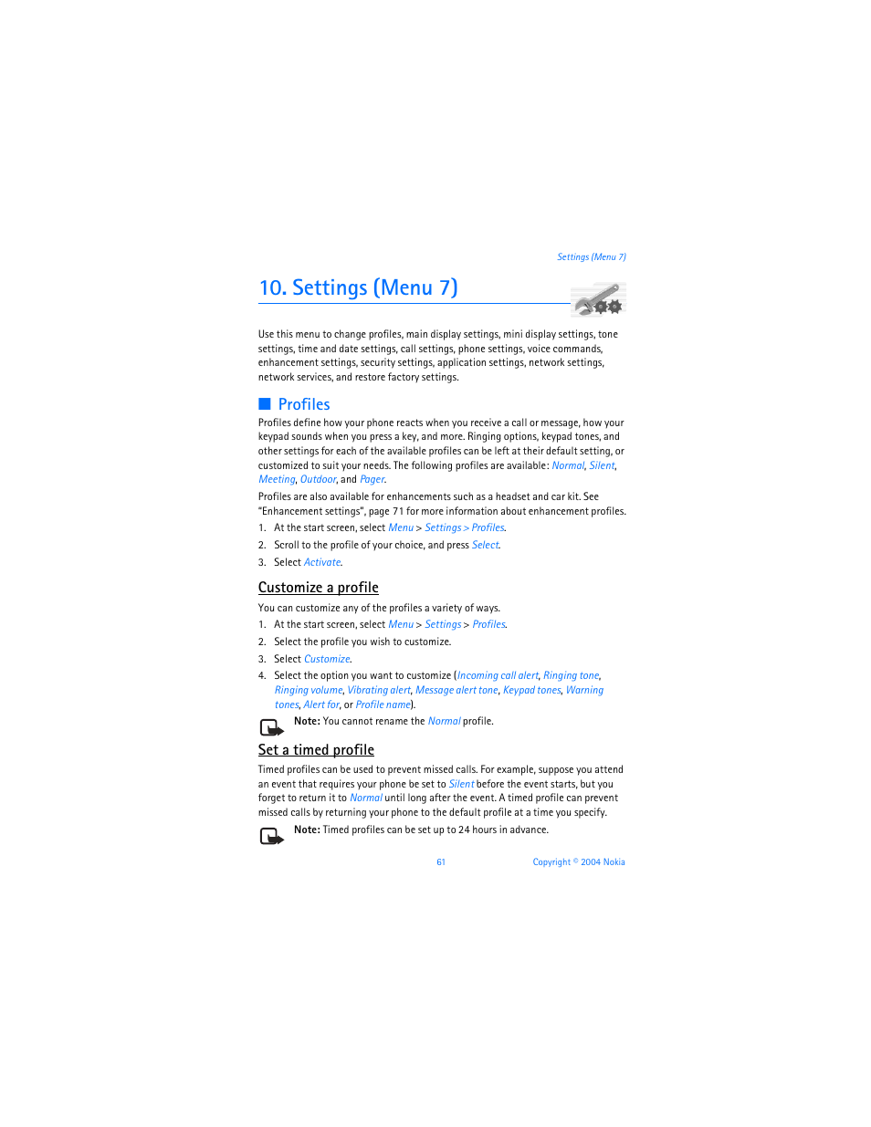 Settings (menu 7), 10 settings (menu 7), Profiles | Customize a profile, Set a timed profile | Nokia 6255i User Manual | Page 62 / 233