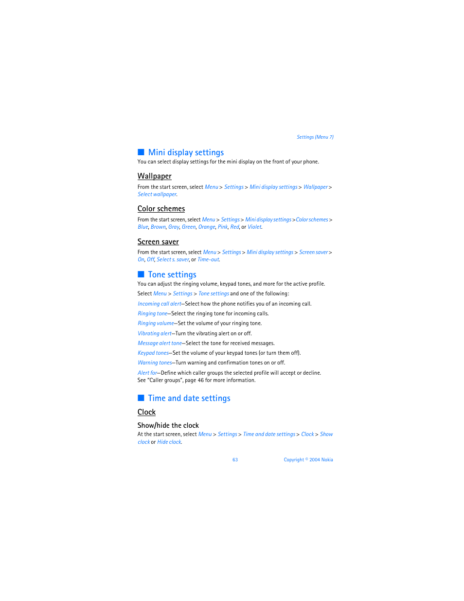 Mini display settings, Tone settings, Time and date settings | Wallpaper, Color schemes, Screen saver, Clock | Nokia 6255i User Manual | Page 64 / 233