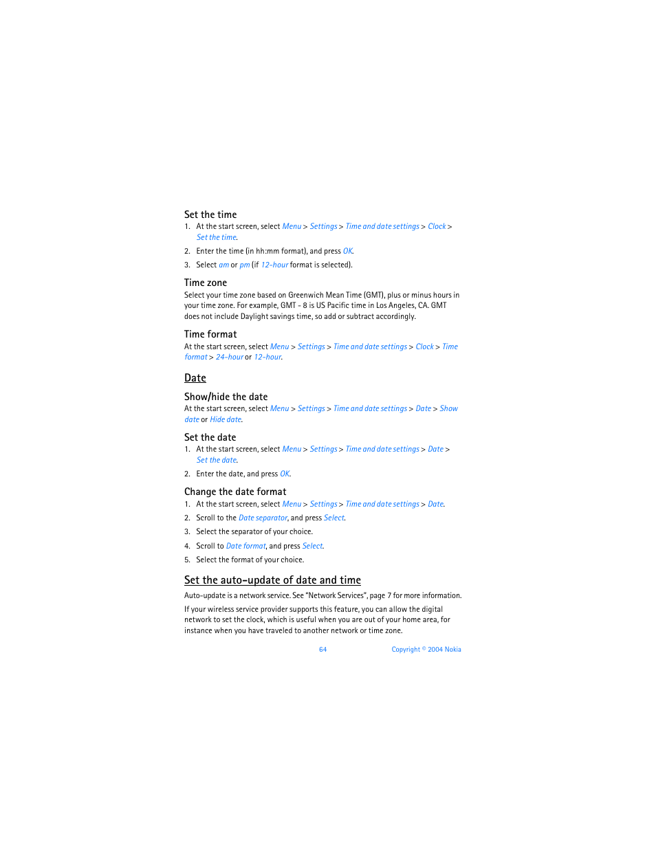 Date, Set the auto-update of date and time | Nokia 6255i User Manual | Page 65 / 233