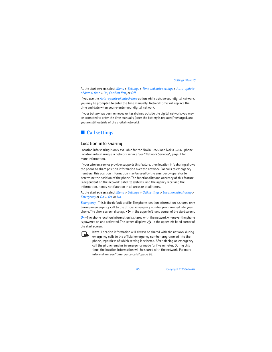Call settings, Location info sharing | Nokia 6255i User Manual | Page 66 / 233