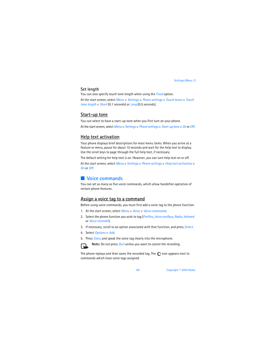Voice commands, Start-up tone, Help text activation | Assign a voice tag to a command | Nokia 6255i User Manual | Page 70 / 233