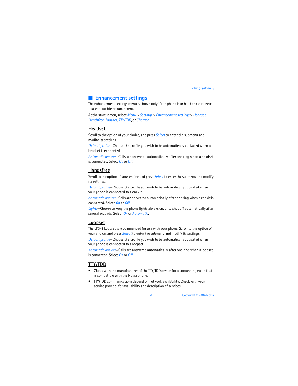 Enhancement settings, Headset, Handsfree | Loopset, Tty/tdd | Nokia 6255i User Manual | Page 72 / 233