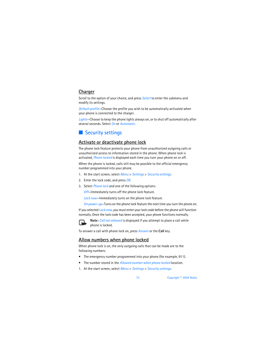 Security settings, Charger, Activate or deactivate phone lock | Allow numbers when phone locked | Nokia 6255i User Manual | Page 73 / 233