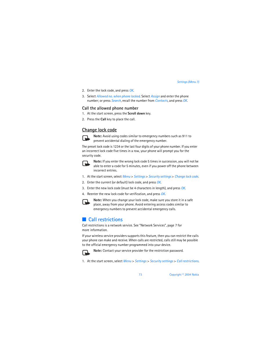 Call restrictions, Change lock code | Nokia 6255i User Manual | Page 74 / 233
