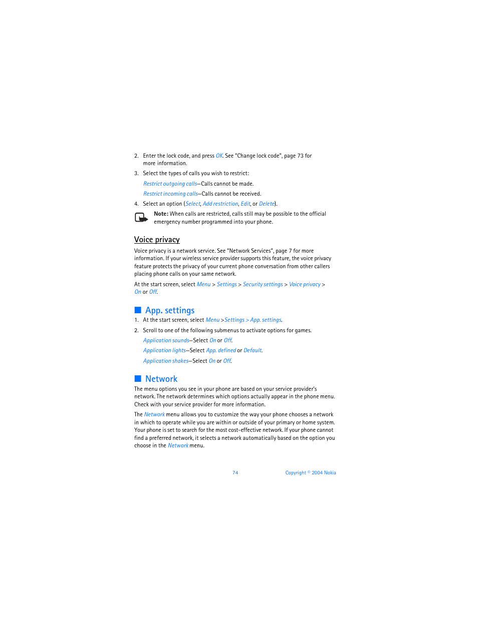 App. settings, Network, Voice privacy | Nokia 6255i User Manual | Page 75 / 233
