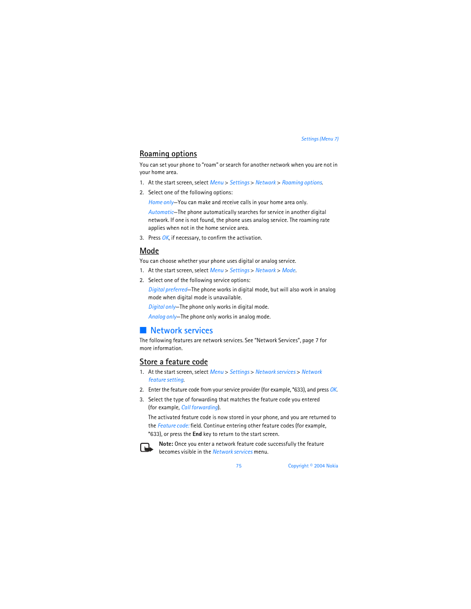Network services, Roaming options, Mode | Store a feature code | Nokia 6255i User Manual | Page 76 / 233