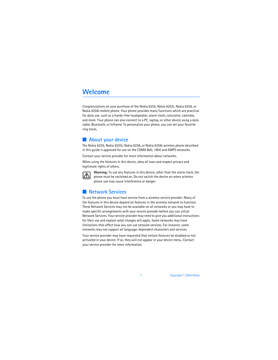 Welcome, About your device, Network services | Nokia 6255i User Manual | Page 8 / 233