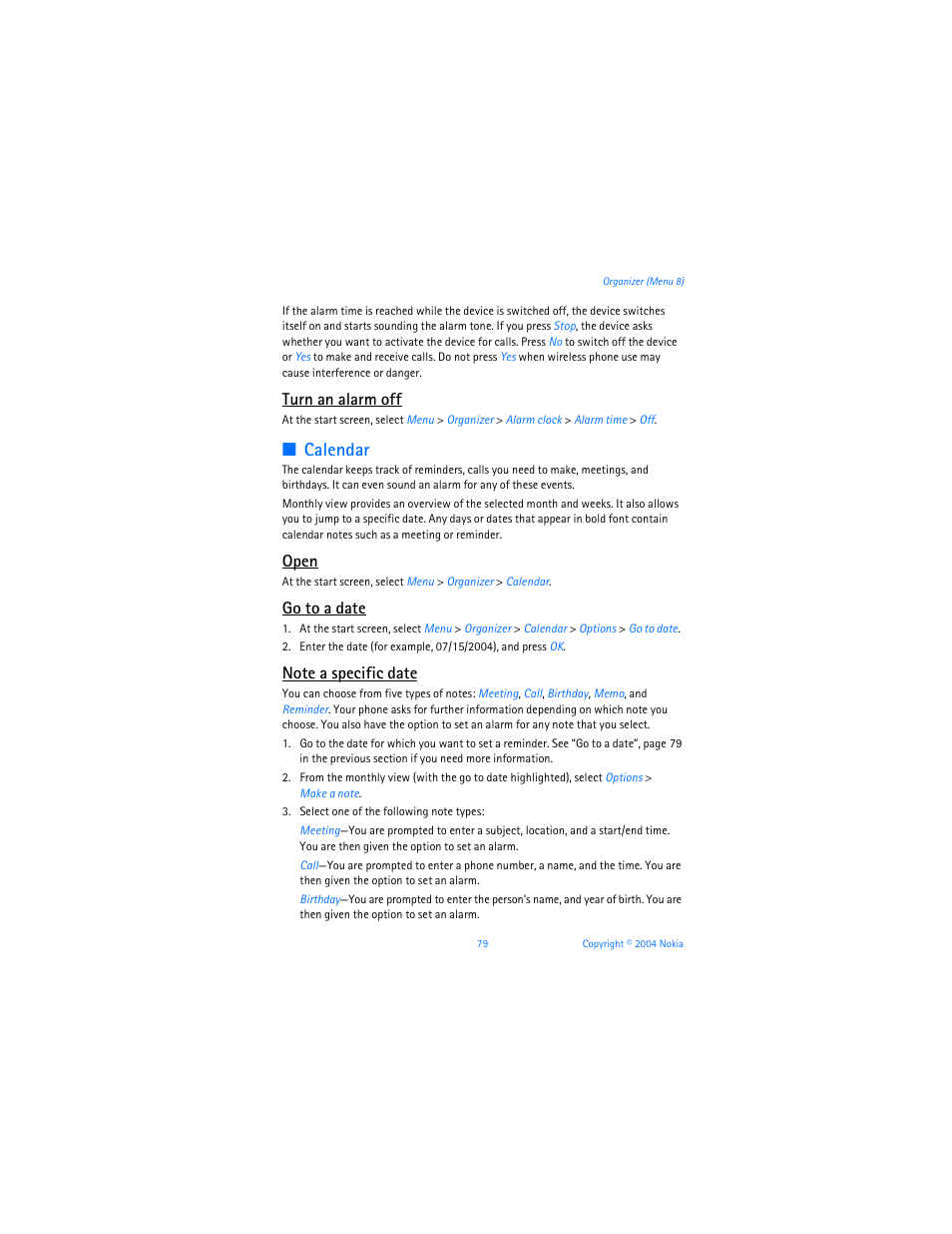 Calendar, Turn an alarm off, Open | Go to a date | Nokia 6255i User Manual | Page 80 / 233