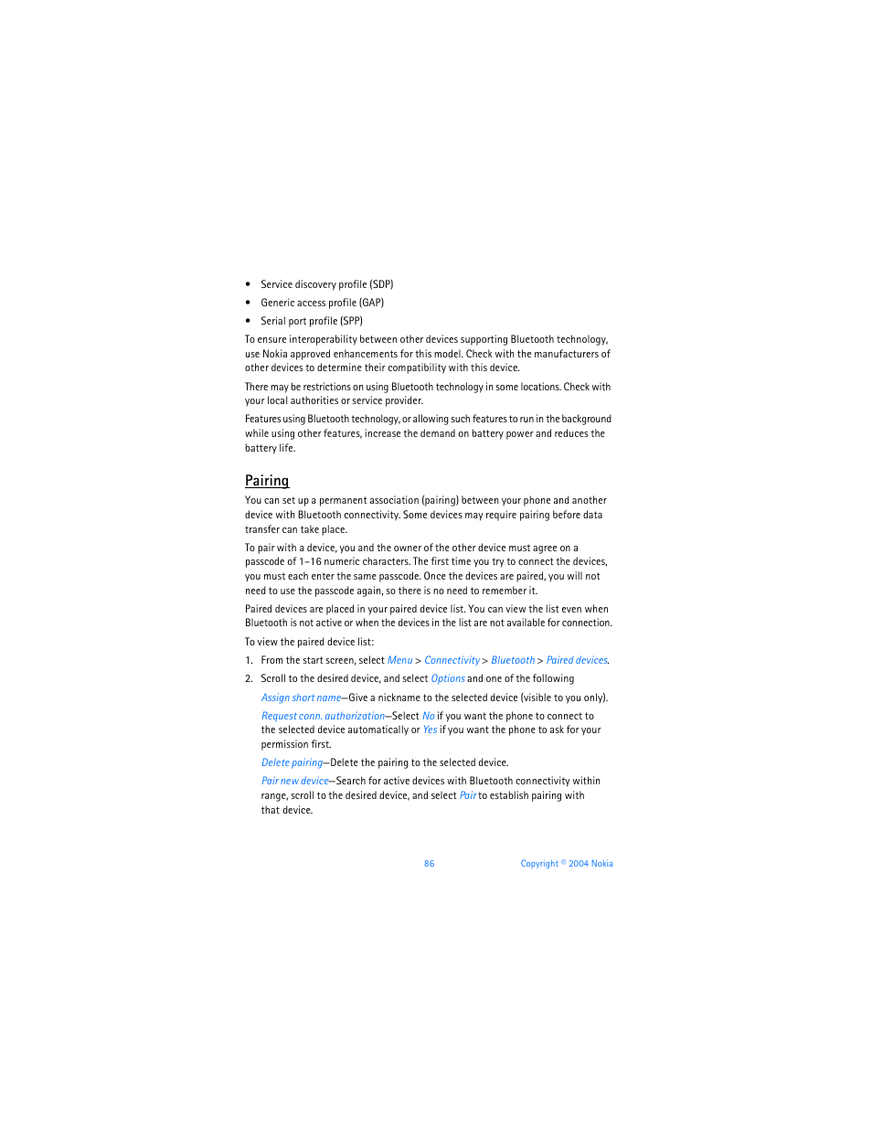 Pairing | Nokia 6255i User Manual | Page 87 / 233