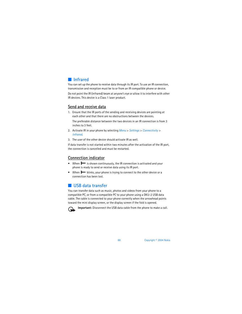 Infrared, Usb data transfer, Send and receive data | Connection indicator | Nokia 6255i User Manual | Page 89 / 233