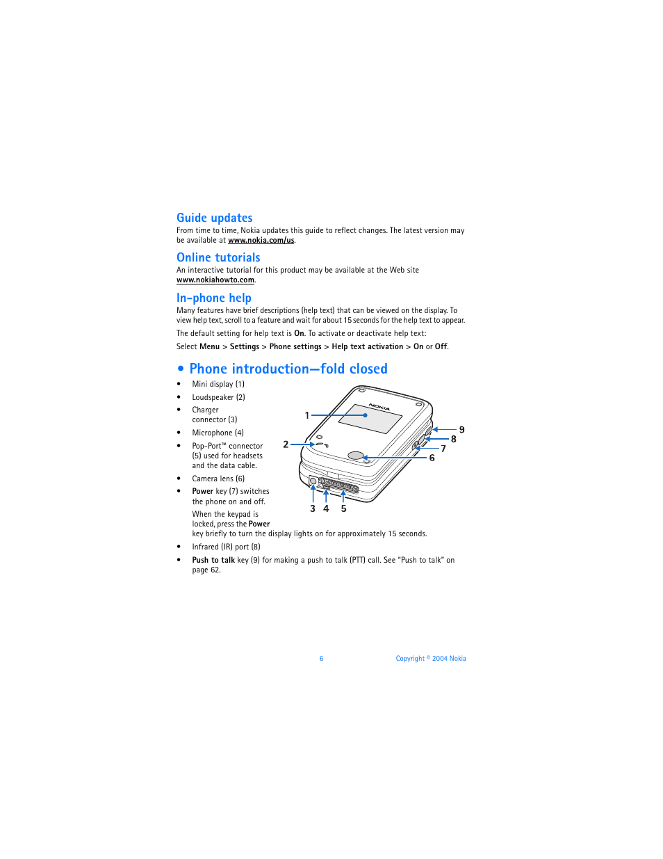 Phone introduction-fold closed, Phone introduction—fold closed, Guide updates | Online tutorials, In-phone help | Nokia 7270 User Manual | Page 13 / 121