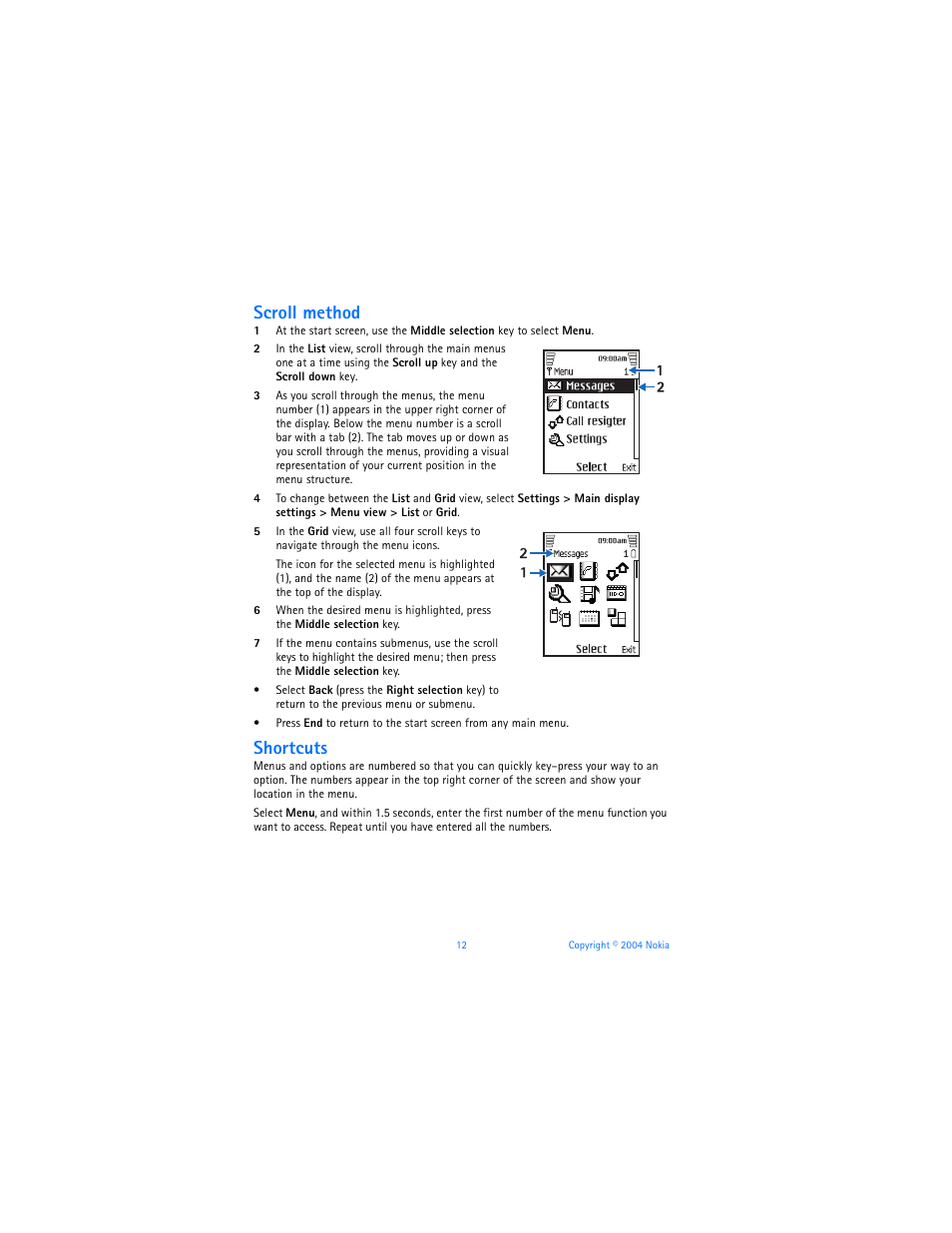 Scroll method, Shortcuts | Nokia 7270 User Manual | Page 19 / 121