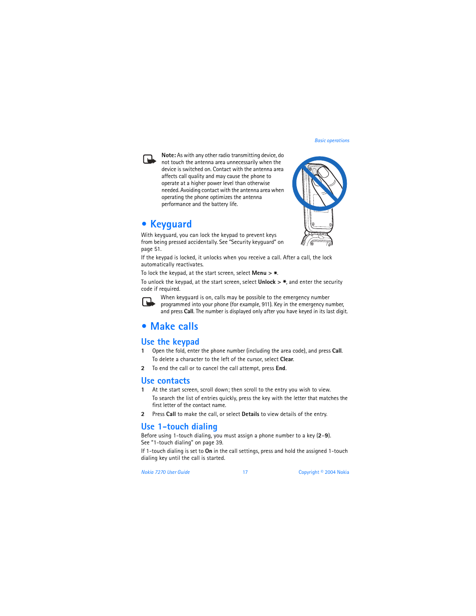 Keyguard, Make calls, Keyguard make calls | Use the keypad, Use contacts, Use 1-touch dialing | Nokia 7270 User Manual | Page 24 / 121