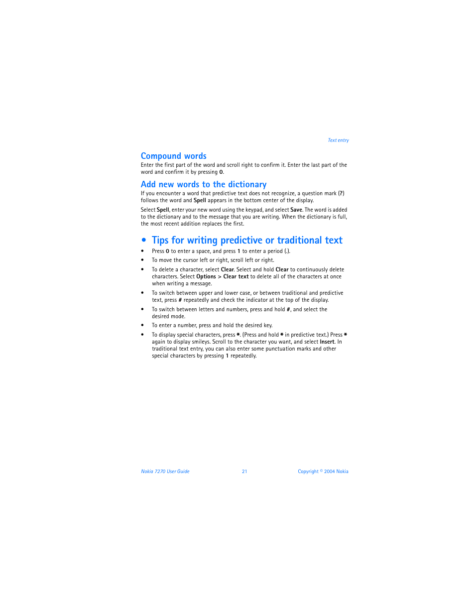 Tips for writing predictive or traditional text, Compound words, Add new words to the dictionary | Nokia 7270 User Manual | Page 28 / 121