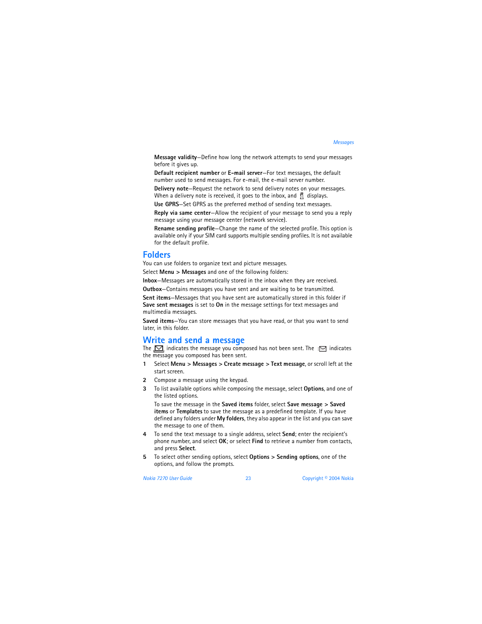 Folders, Write and send a message | Nokia 7270 User Manual | Page 30 / 121
