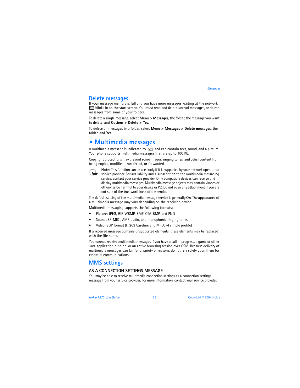 Multimedia messages, Delete messages, Mms settings | Nokia 7270 User Manual | Page 32 / 121