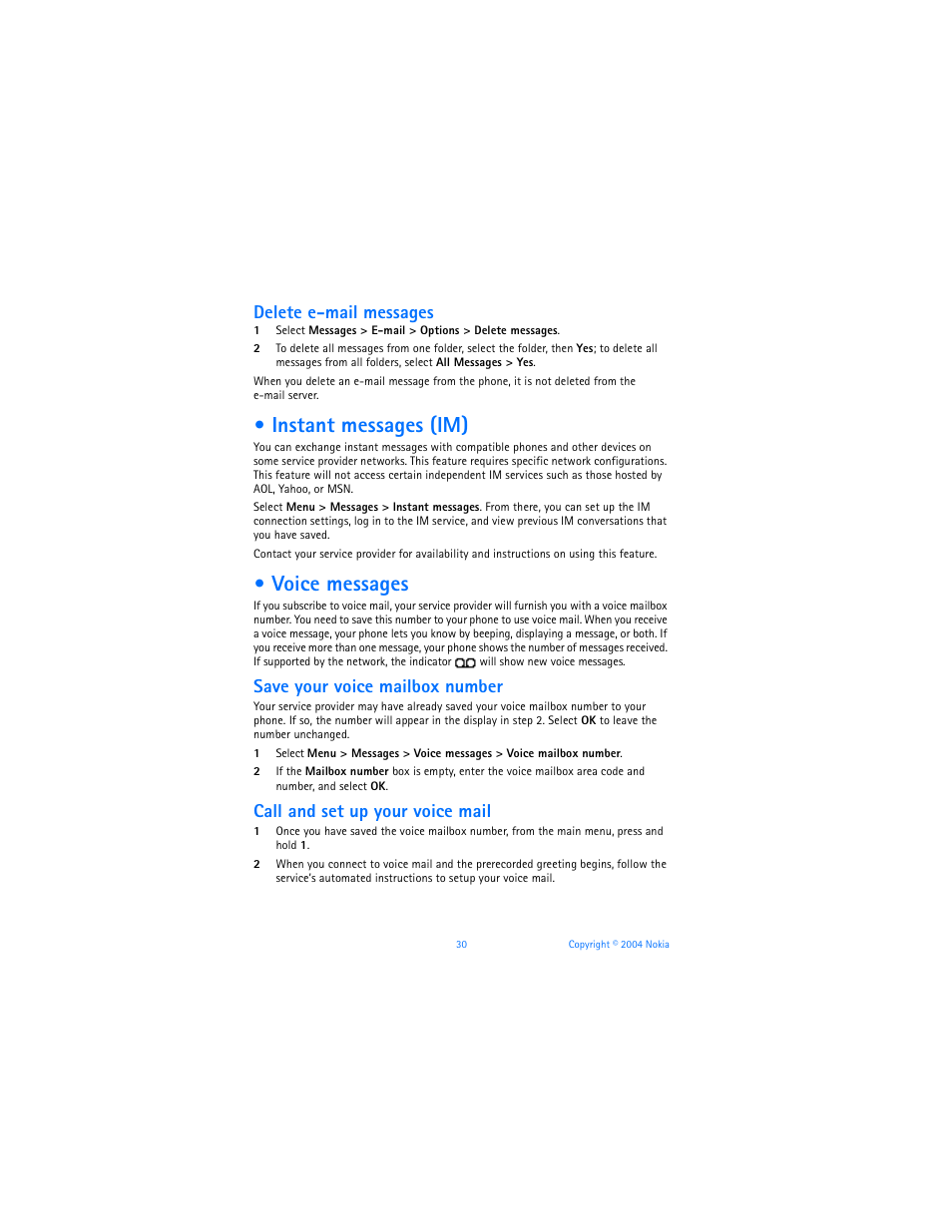 Instant messages (im), Voice messages, Instant messages (im) voice messages | Delete e-mail messages, Save your voice mailbox number, Call and set up your voice mail | Nokia 7270 User Manual | Page 37 / 121