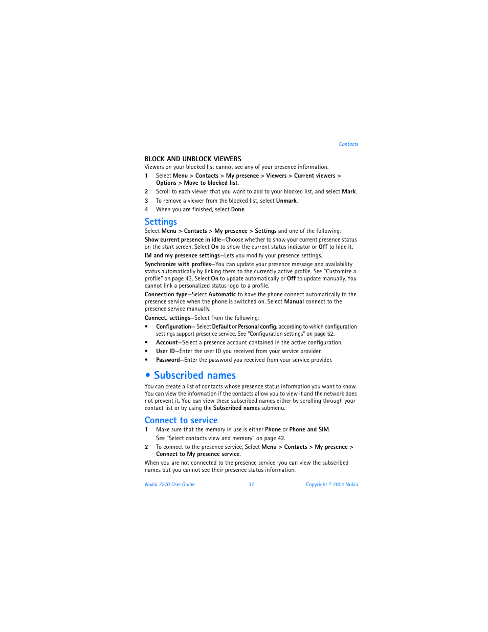 Subscribed names, Settings, Connect to service | Nokia 7270 User Manual | Page 44 / 121