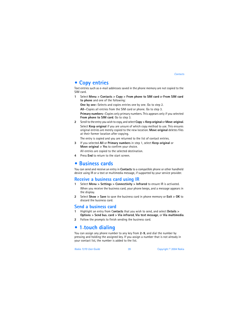 Copy entries, Business cards, Touch dialing | Copy entries business cards 1-touch dialing, Receive a business card using ir, Send a business card | Nokia 7270 User Manual | Page 46 / 121