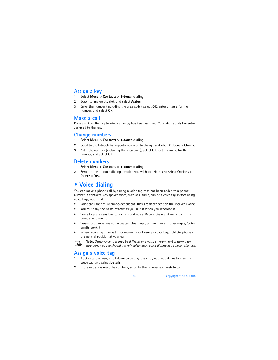 Voice dialing, Assign a key, Make a call | Change numbers, Delete numbers, Assign a voice tag | Nokia 7270 User Manual | Page 47 / 121