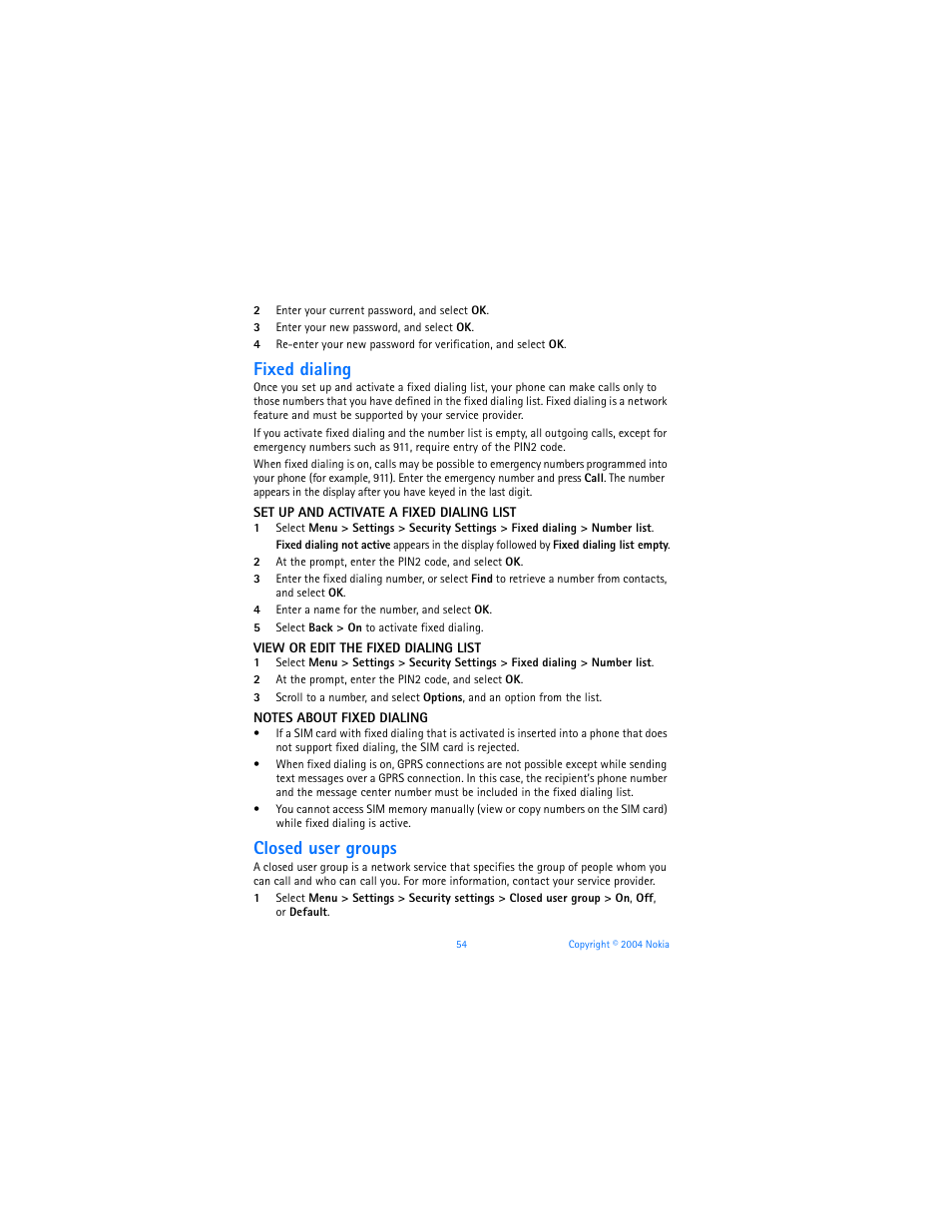 Fixed dialing, Closed user groups | Nokia 7270 User Manual | Page 61 / 121