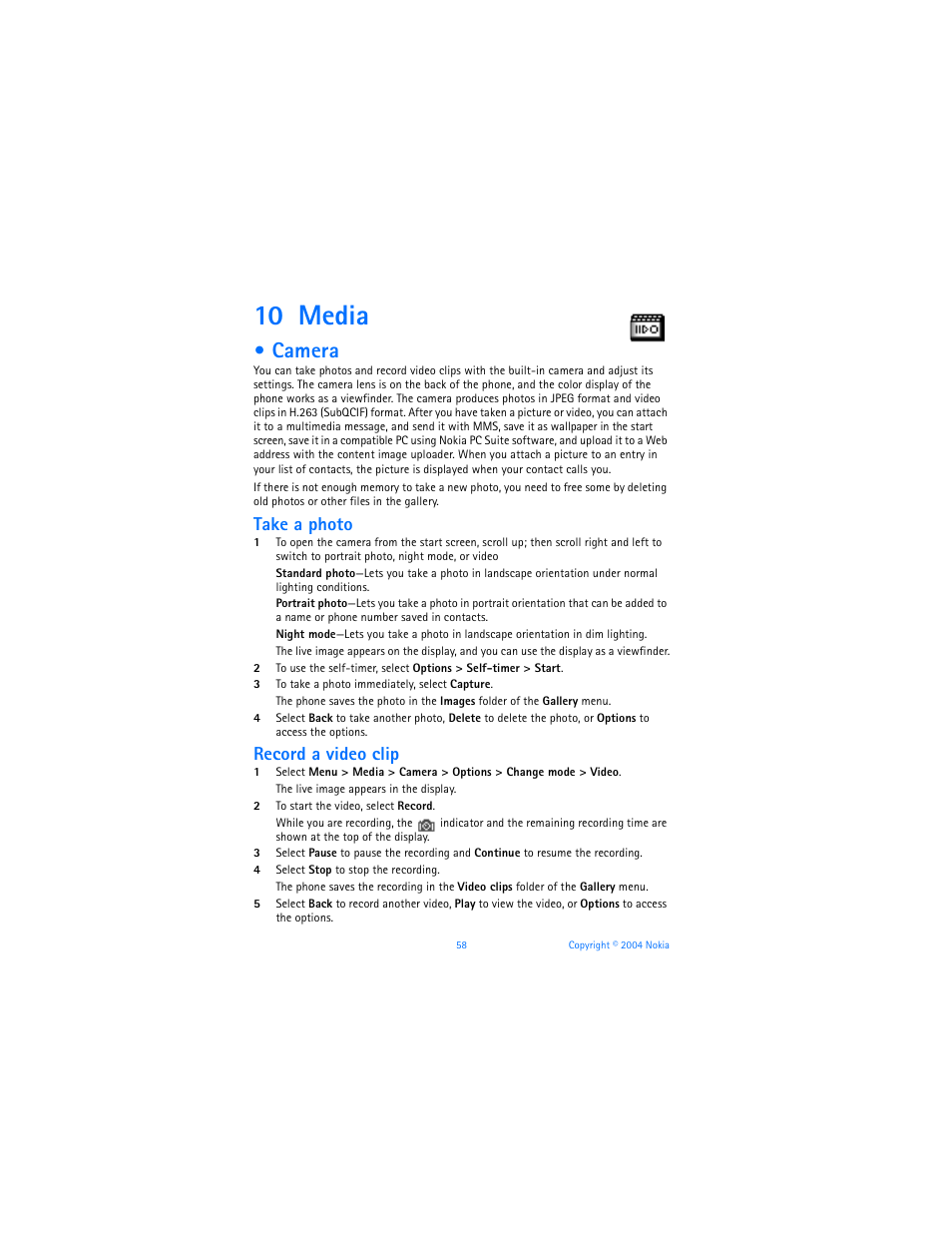 10 media, Camera, Media | Take a photo, Record a video clip | Nokia 7270 User Manual | Page 65 / 121