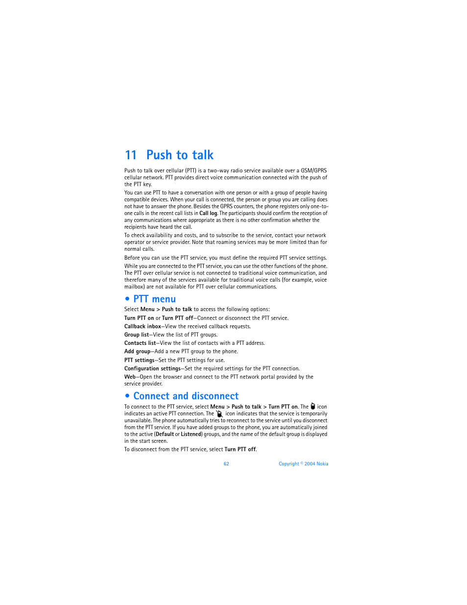 11 push to talk, Ptt menu, Connect and disconnect | Push to talk, Ptt menu connect and disconnect | Nokia 7270 User Manual | Page 69 / 121