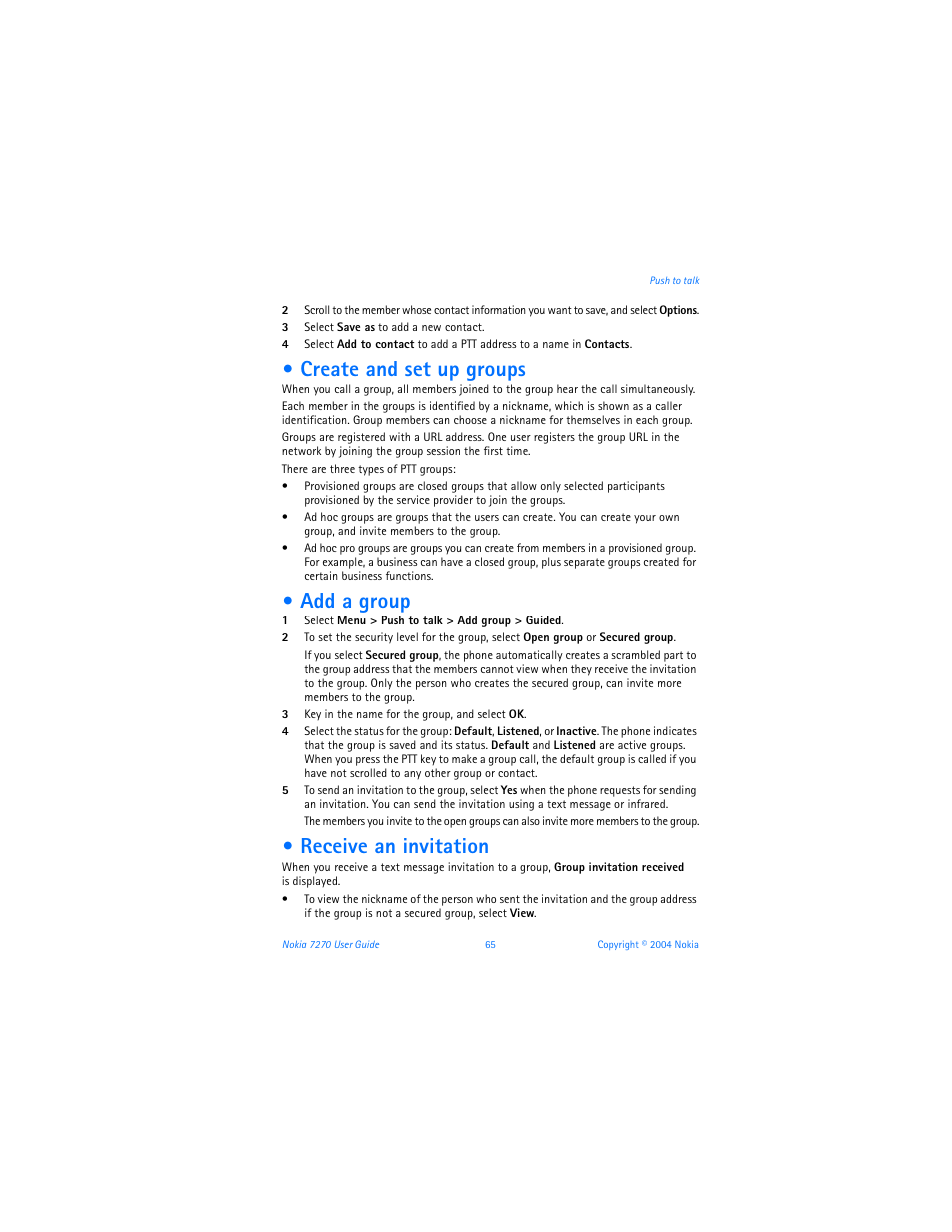 Create and set up groups, Add a group, Receive an invitation | Nokia 7270 User Manual | Page 72 / 121