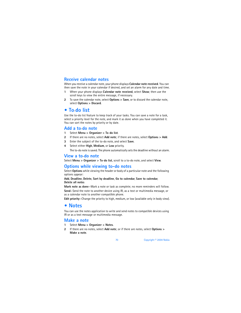 To-do list, Notes, To-do list notes | Do list, Add a to, View a to | Nokia 7270 User Manual | Page 77 / 121