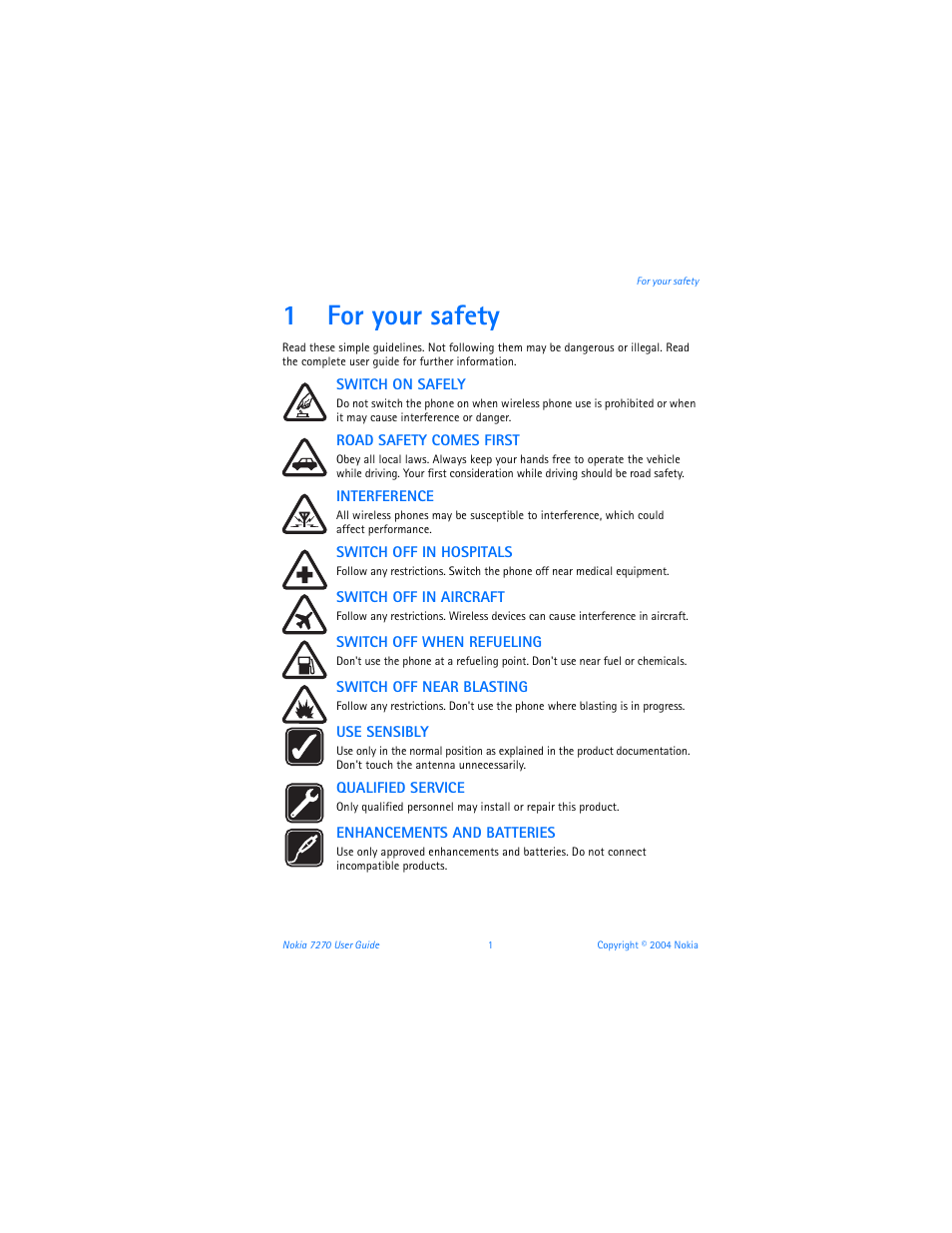 1 for your safety, For your safety, 1for your safety | Nokia 7270 User Manual | Page 8 / 121