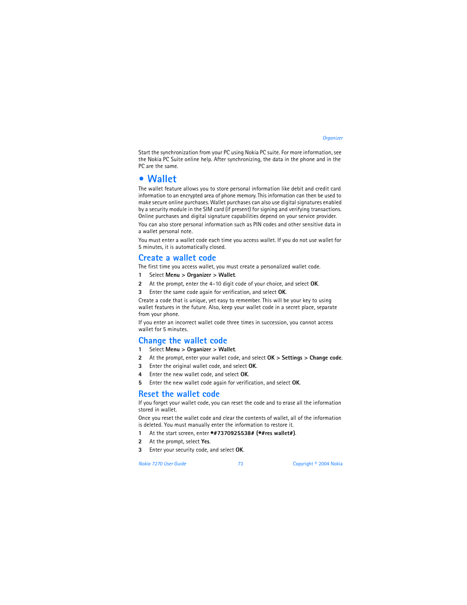 Wallet, Create a wallet code, Change the wallet code | Reset the wallet code | Nokia 7270 User Manual | Page 80 / 121