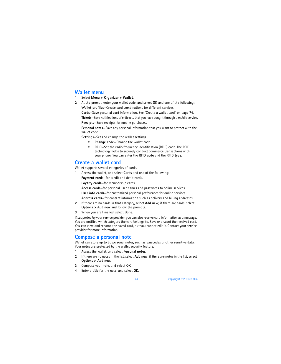 Wallet menu, Create a wallet card | Nokia 7270 User Manual | Page 81 / 121