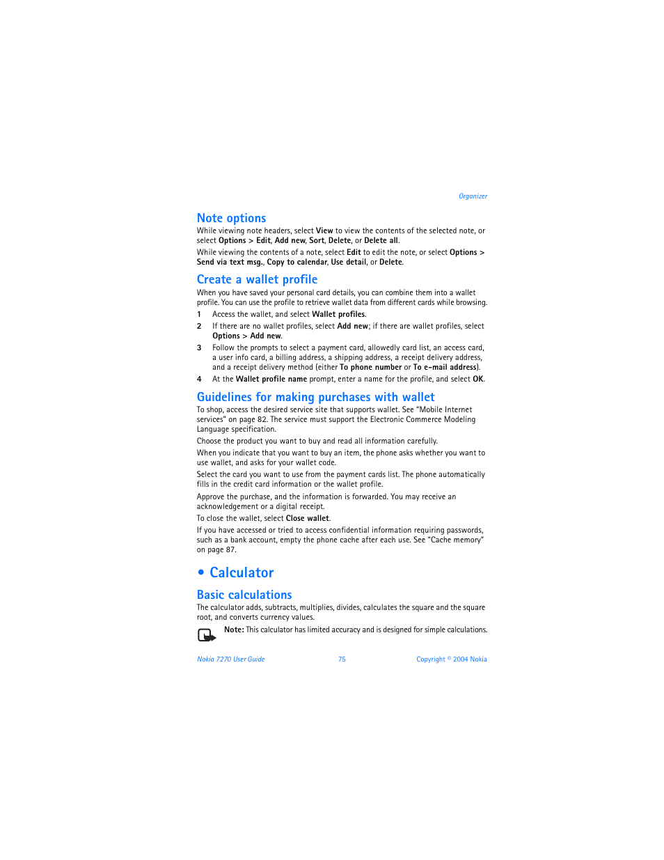 Calculator, Create a wallet profile, Guidelines for making purchases with wallet | Basic calculations | Nokia 7270 User Manual | Page 82 / 121