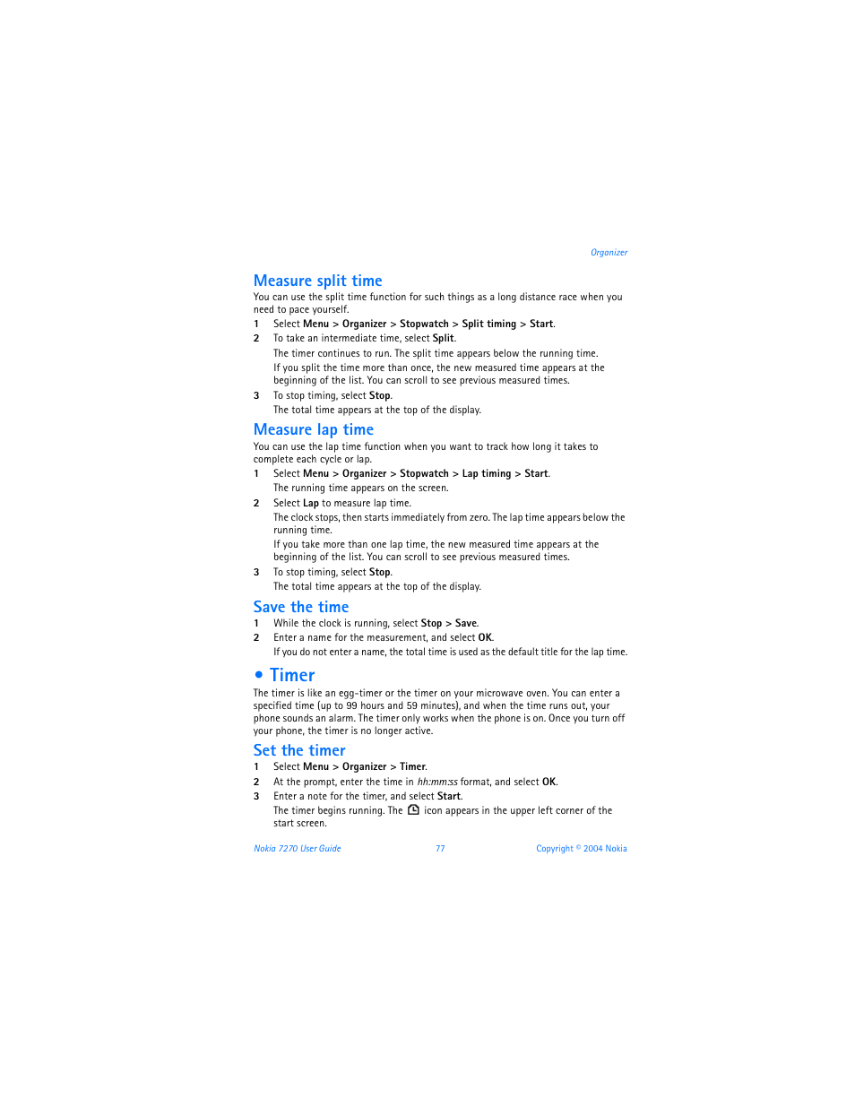 Timer, Measure split time, Measure lap time | Save the time, Set the timer | Nokia 7270 User Manual | Page 84 / 121