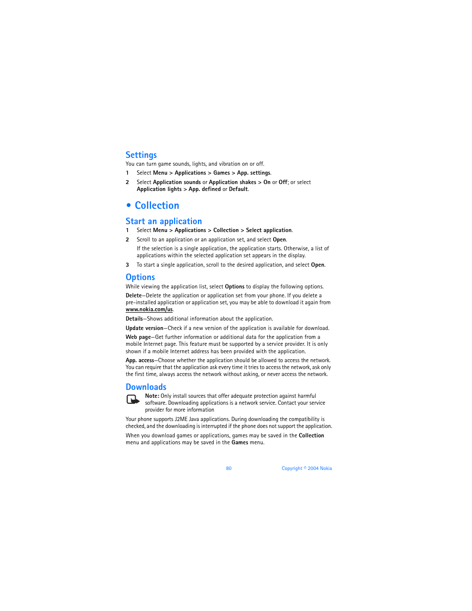 Collection, Settings, Start an application | Options, Downloads | Nokia 7270 User Manual | Page 87 / 121