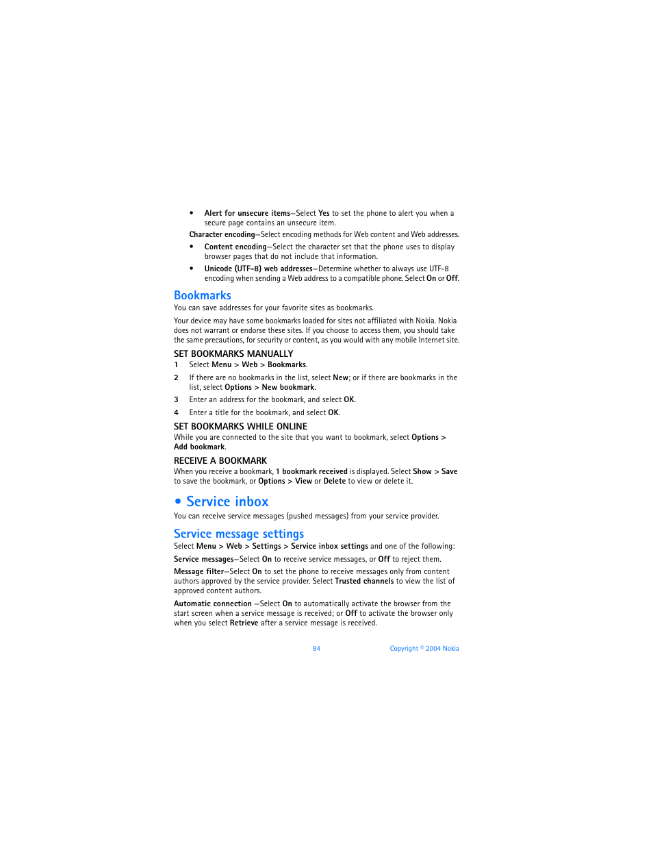 Service inbox, Bookmarks, Service message settings | Nokia 7270 User Manual | Page 91 / 121
