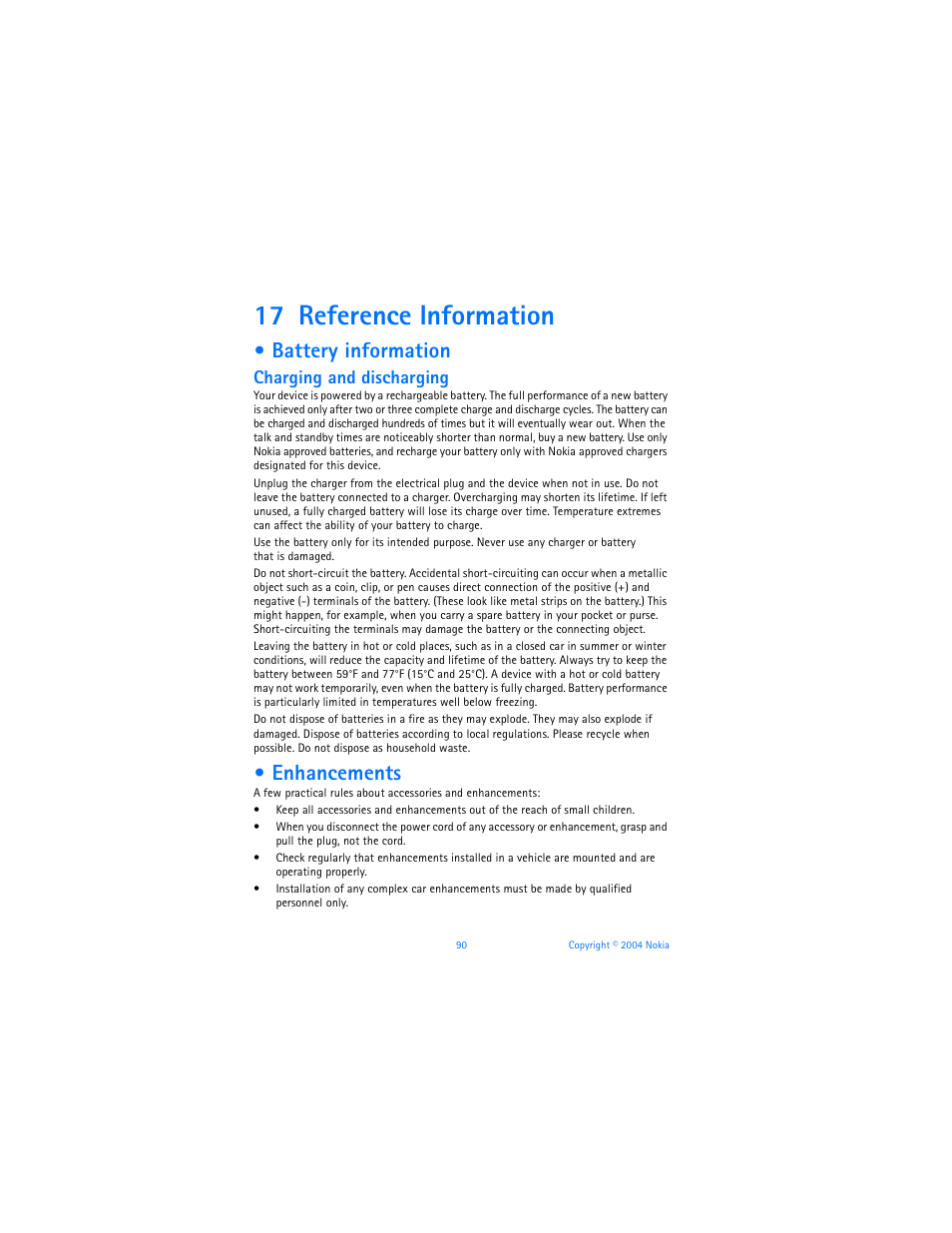 17 reference information, Battery information, Enhancements | Reference information, Battery information enhancements, Charging and discharging | Nokia 7270 User Manual | Page 97 / 121