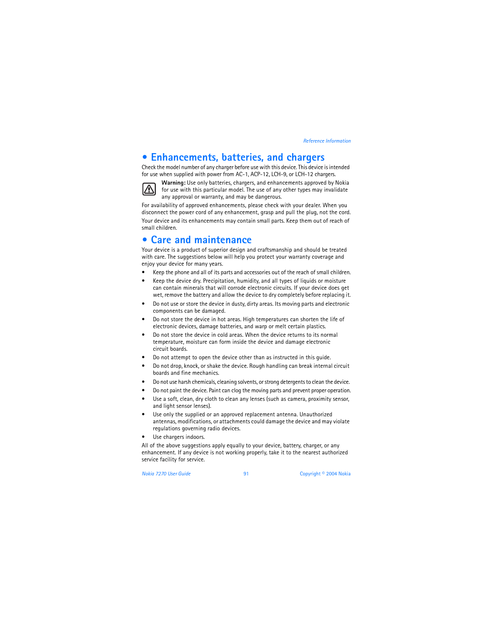 Enhancements, batteries, and chargers, Care and maintenance | Nokia 7270 User Manual | Page 98 / 121