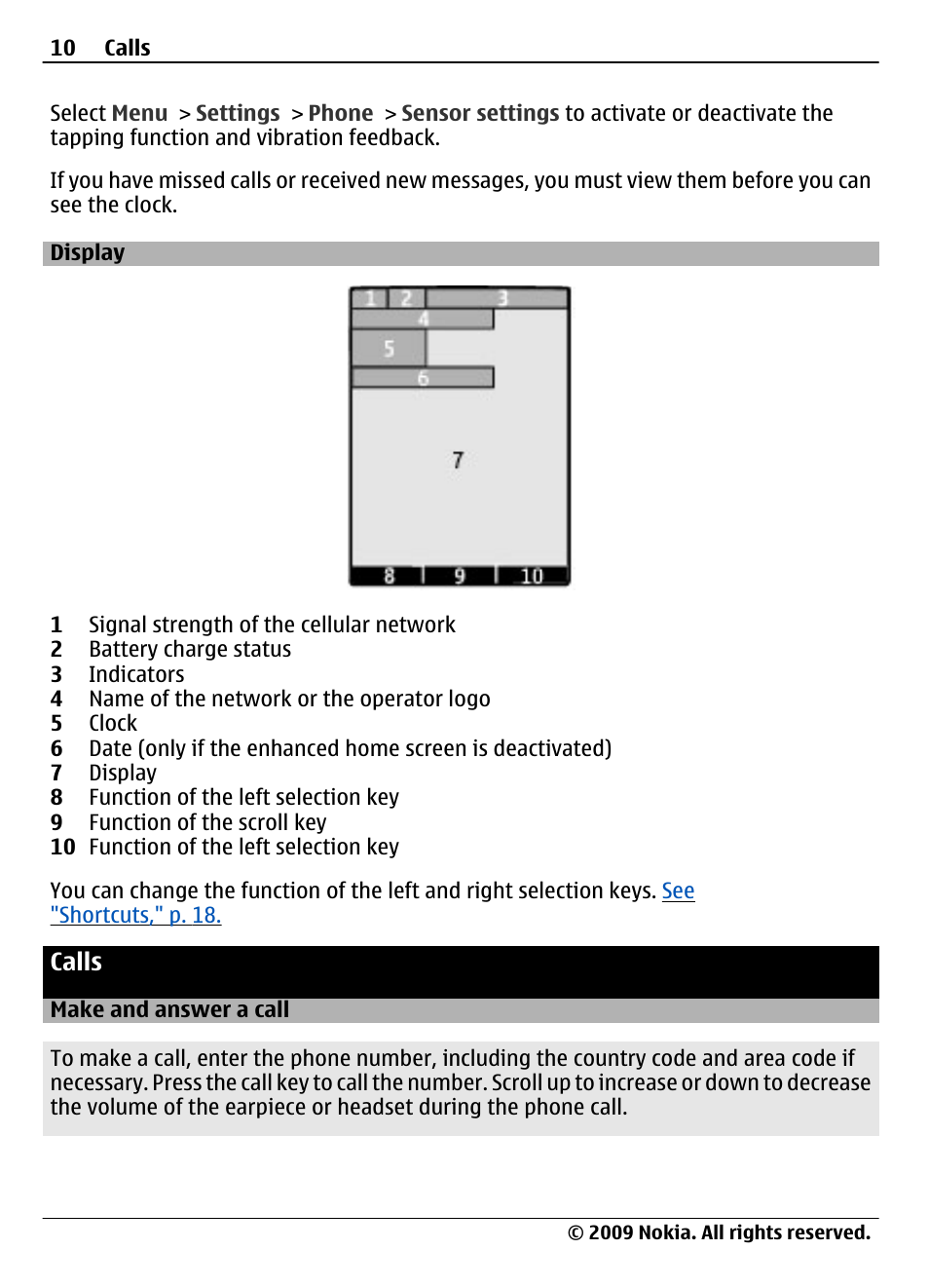 Display, Calls, Make and answer a call | Nokia 7020 User Manual | Page 10 / 74