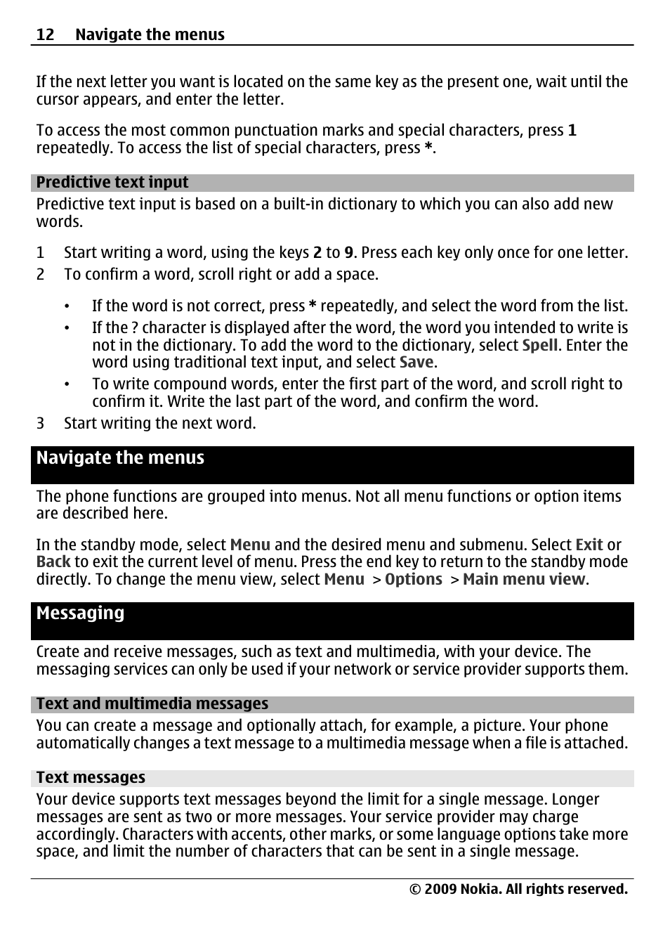 Predictive text input, Navigate the menus, Messaging | Text and multimedia messages, Text messages | Nokia 7020 User Manual | Page 12 / 74