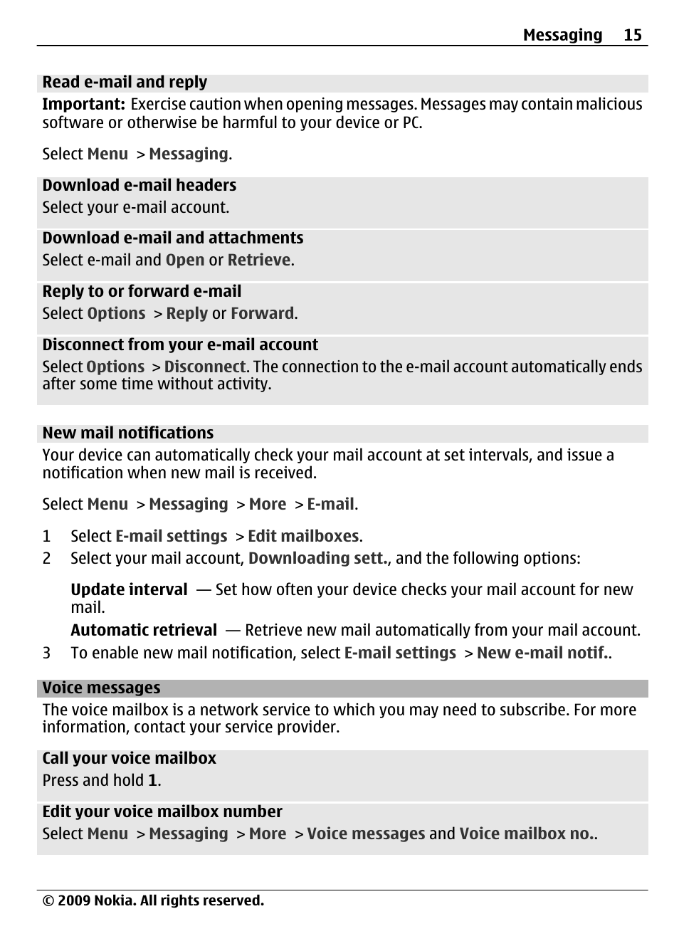 Read e-mail and reply, New mail notifications, Voice messages | Nokia 7020 User Manual | Page 15 / 74