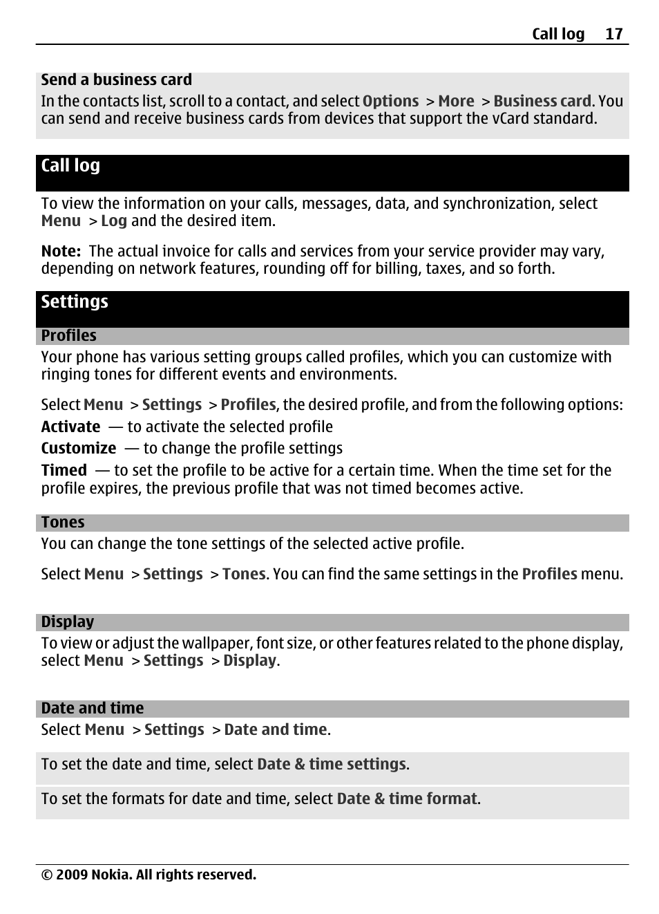 Call log, Settings, Profiles | Tones, Display, Date and time | Nokia 7020 User Manual | Page 17 / 74