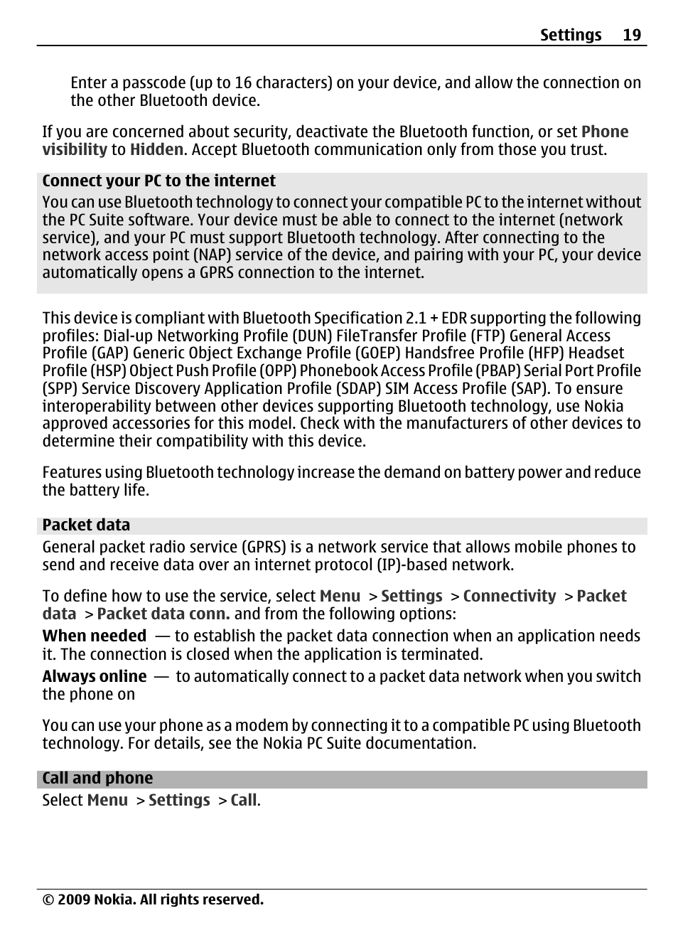 Packet data, Call and phone | Nokia 7020 User Manual | Page 19 / 74