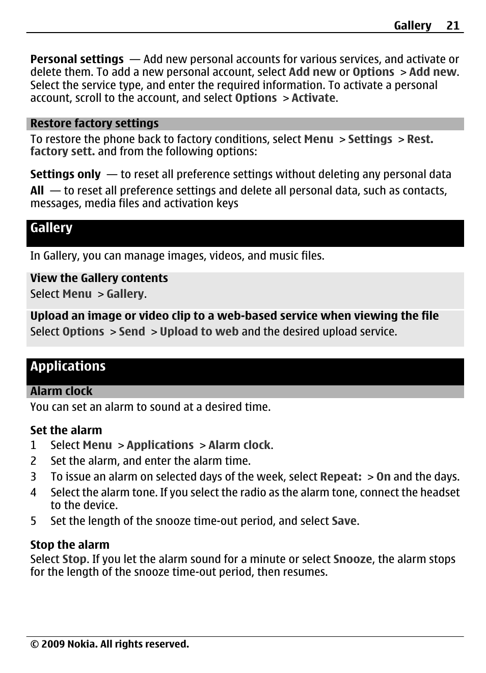Restore factory settings, Gallery, Applications | Alarm clock | Nokia 7020 User Manual | Page 21 / 74