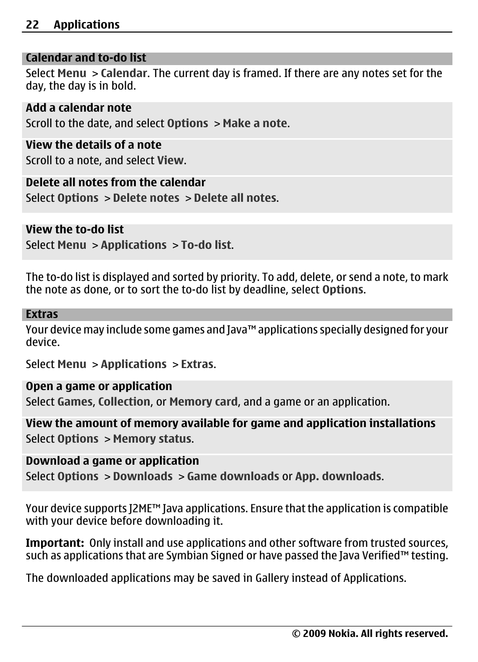 Calendar and to-do list, Extras | Nokia 7020 User Manual | Page 22 / 74
