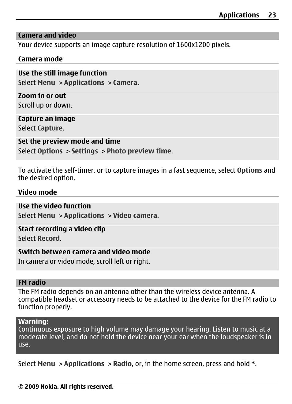 Camera and video, Fm radio | Nokia 7020 User Manual | Page 23 / 74