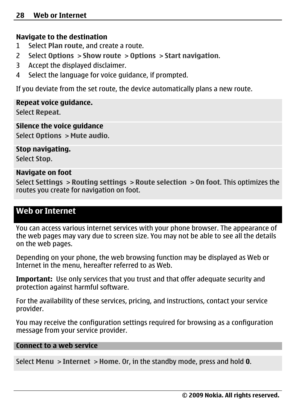 Web or internet, Connect to a web service | Nokia 7020 User Manual | Page 28 / 74