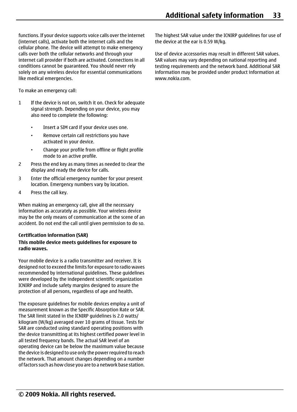 Certification information (sar), Additional safety information 33, 2009 nokia. all rights reserved | Nokia 7020 User Manual | Page 33 / 74