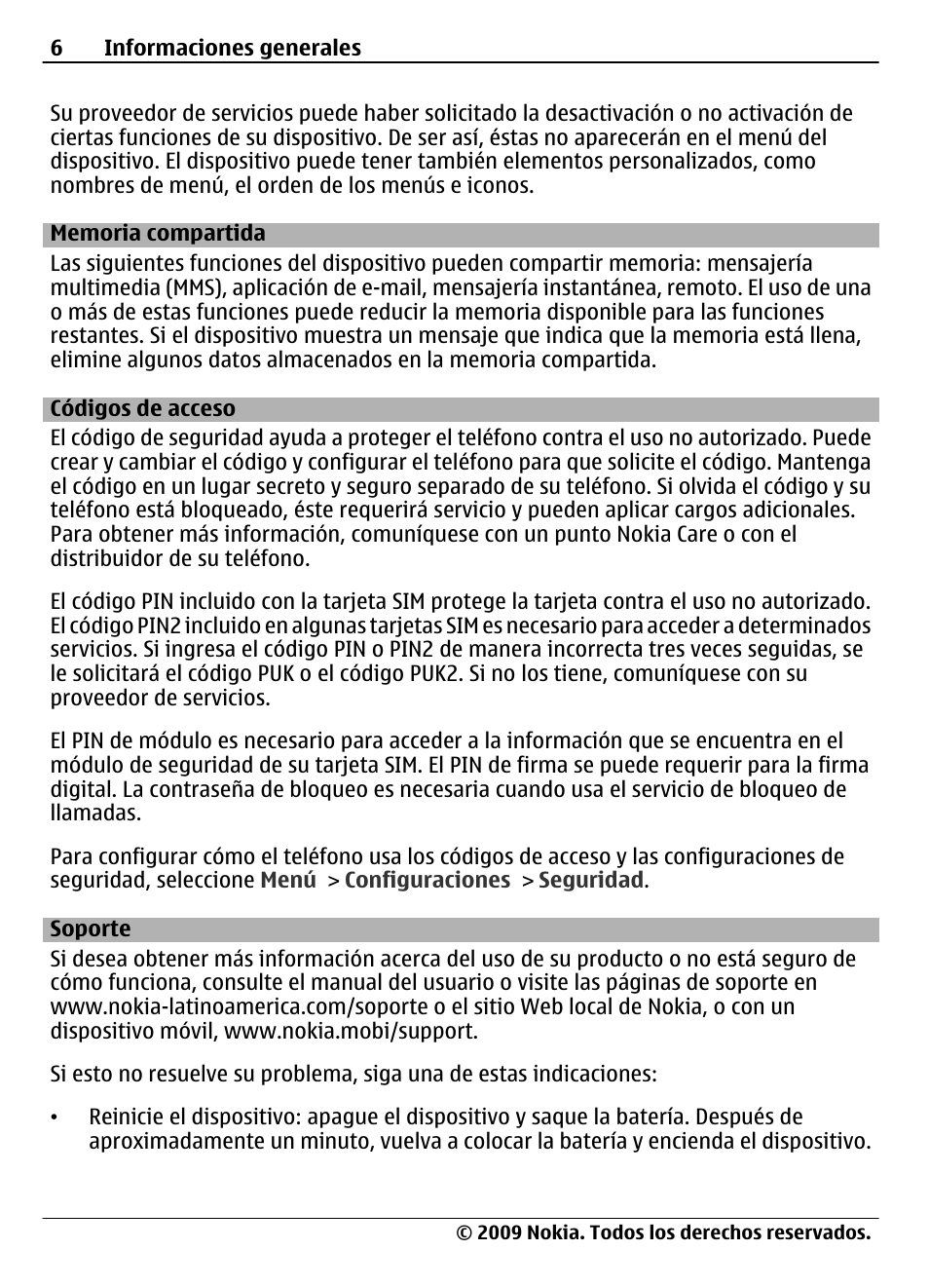 Memoria compartida, Códigos de acceso, Soporte | Nokia 7020 User Manual | Page 42 / 74