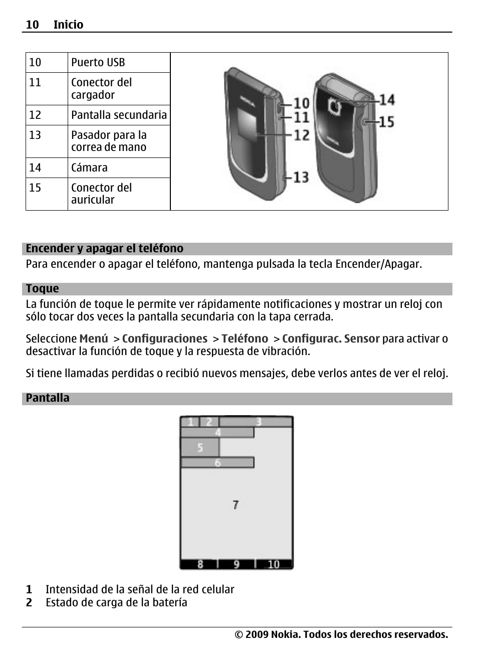 Encender y apagar el teléfono, Toque, Pantalla | Nokia 7020 User Manual | Page 46 / 74
